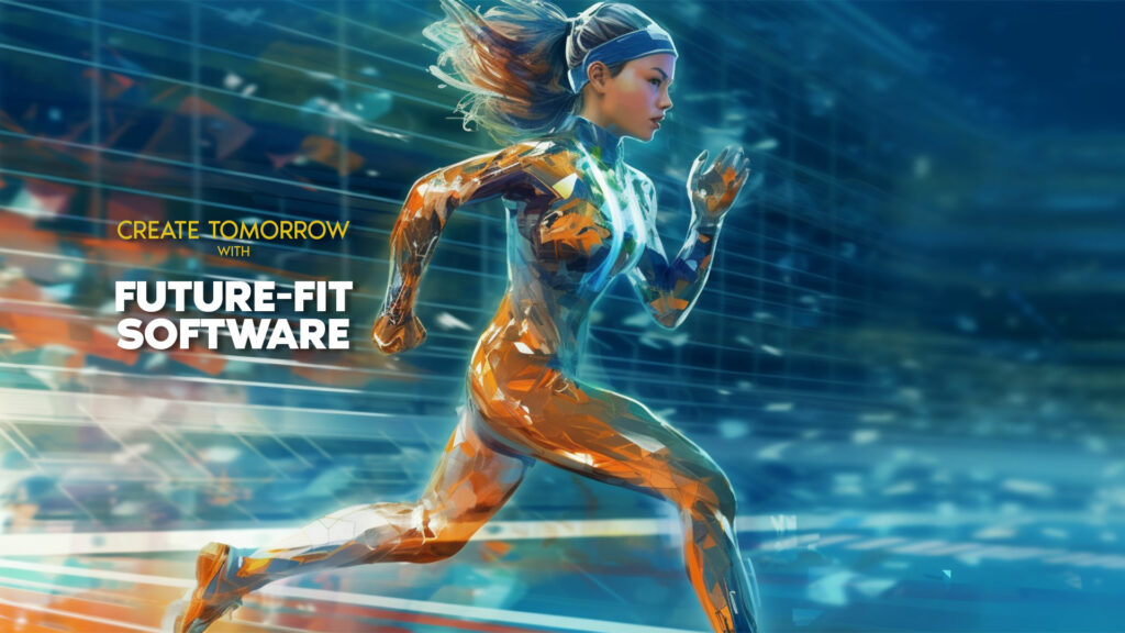 Woman in futuristic athletic gear running, with a blurred background.