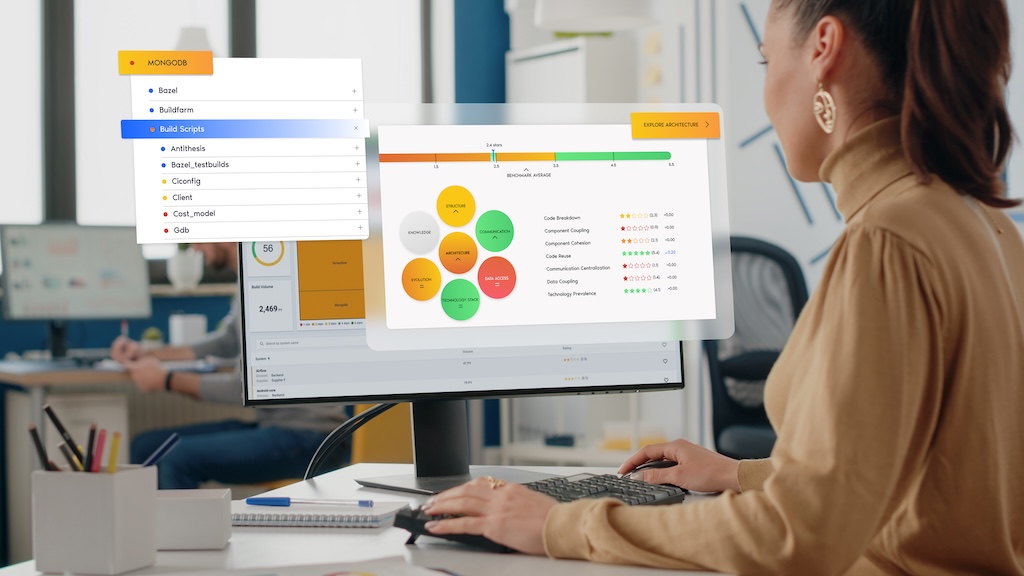 A woman viewing a computer screen displaying a software analysis dashboard in a modern office setting.