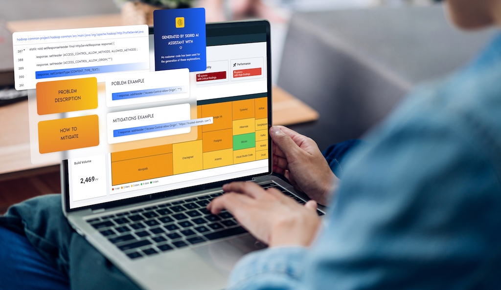 This is a mockup image of person using a laptop with a software interface showing code quality data, informational boxes, and a colorful data chart.