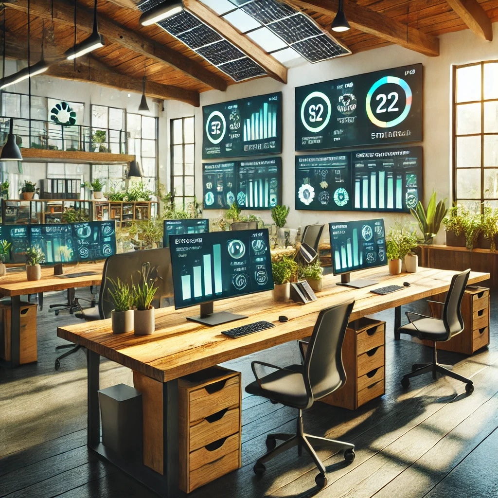 A visual of a futuristic and modern office setup showcasing Green IT practices.