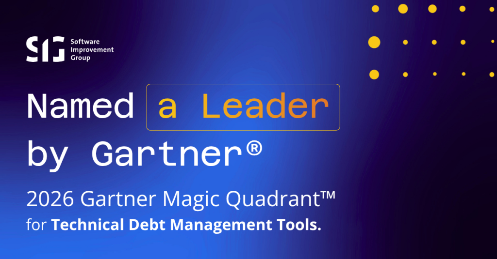 A visual announcing that Gartner has recognized Software Improvement Group as a leader in the magic Quadrant for tehcnical debt managment tools