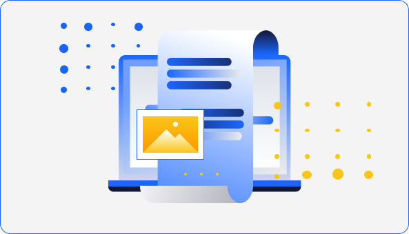 Illustration of a computer monitor with a rolled-up document and a landscape icon.