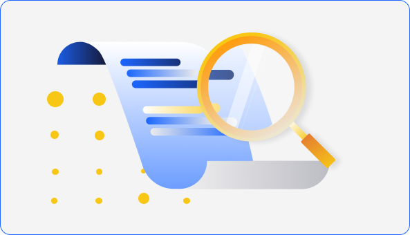 Illustration of a magnifying glass over a document with blue lines and yellow dots on the left side.