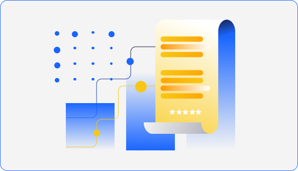 Illustration of connected digital elements including a rolled document and geometric shapes.