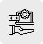 Icon of a hand holding a laptop with a gear and coding symbol.