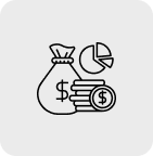 Illustration of a money bag, stack of coins, and a pie chart on a gray background.