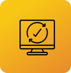 Icon of a computer monitor with a refresh arrow and check mark on an orange gradient background.