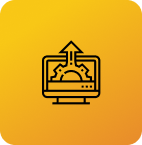Icon of a computer monitor with a gear and upward arrow on an orange-yellow gradient background.