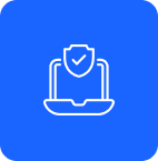 Blue square with a laptop and shield icon in white.