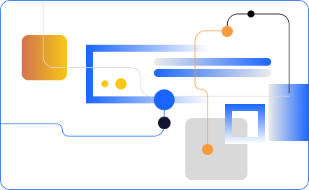 Abstract design with geometric shapes and lines in blue, orange, and gray on a transparent background.