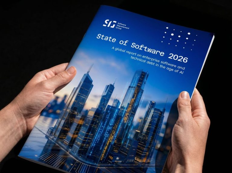 A person holding the State of Sodtware 2026 report from Software Improvement Group
