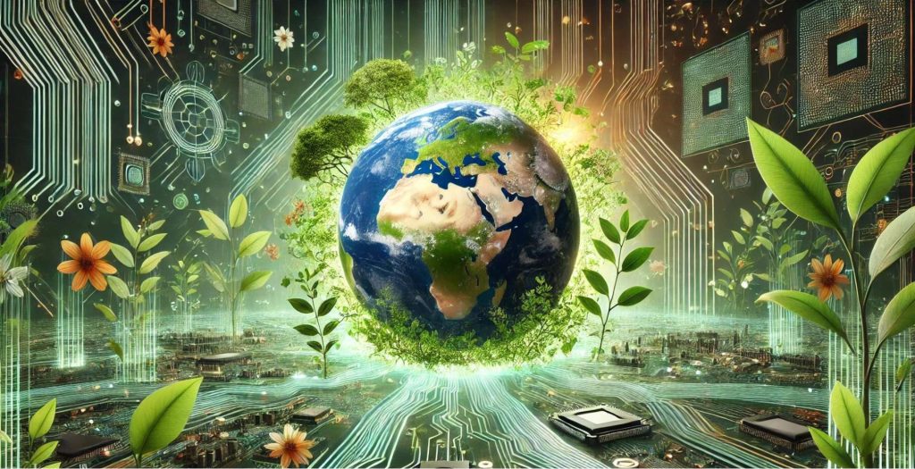 A digital representation of the Earth surrounded by lush green leaves and eco-friendly technology circuits, symbolizing the concept of Green IT and sustainable computing practices for reducing the environmental impact of technology.