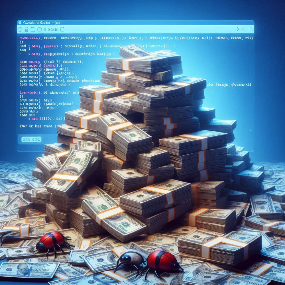 A large pile of stacked dollar bills sits in front of a computer screen displaying code, with two beetle-like bugs crawling on the money, expressing the metaphor of technical debt.