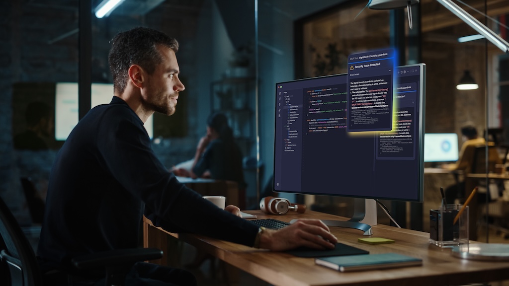 A developer looking at a computer screen showing security findings in an IDE.