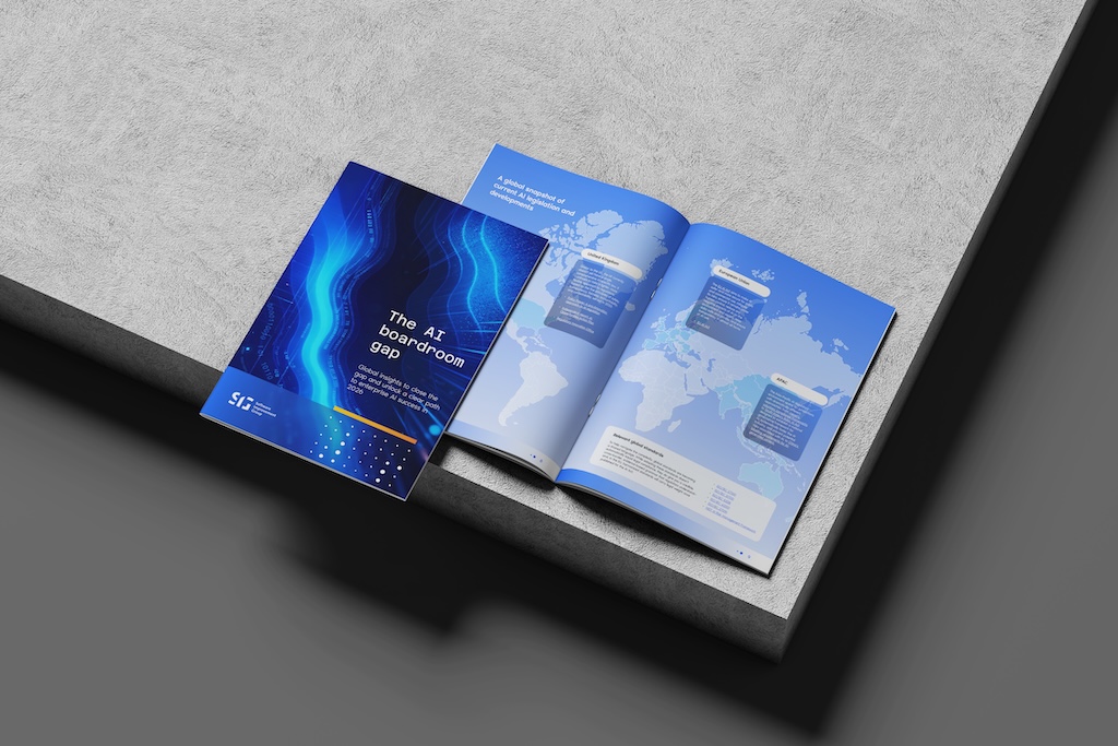 we see SIG's AI boardroom Gap report on a table. There are 2 copies, one is closed and shows the cover, the other is open and shows the map that highlights global AI legislation initiatives and relevant standards for AI governance.