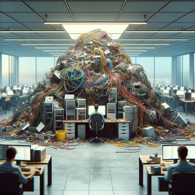An exaggerated visual representing the mess technical debt can create. We see someone in the office behind his computer and a pile of cables and processors connected in a messy way. 