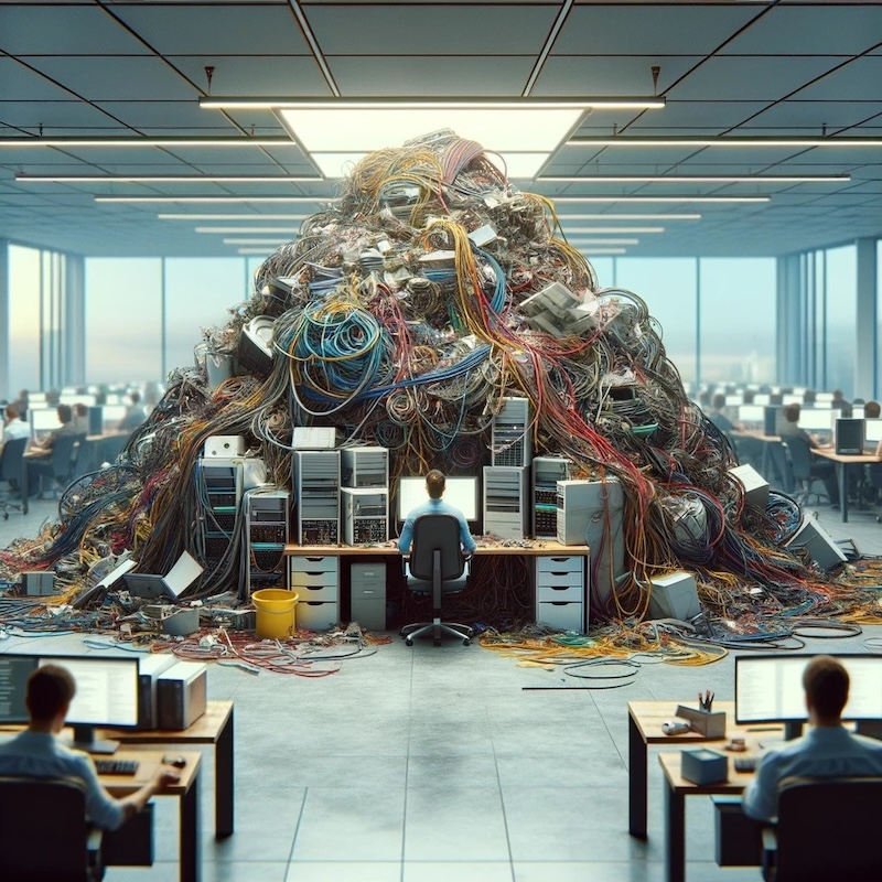 An exaggerated visual representing the mess technical debt can create. We see someone in the office behind his computer and a pile of cables and processors connected in a messy way.