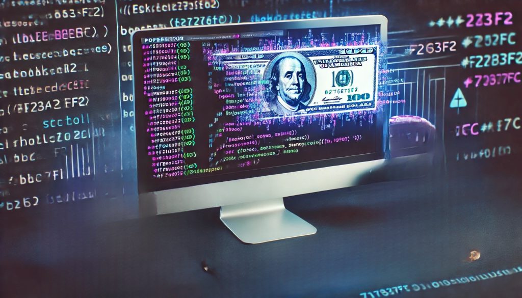 An image of a computer monitor displaying a digital representation of a $100 bill surrounded by lines of code. The background is filled with various programming codes and symbols, highlighting the theme of cybersecurity and financial data. The overall atmosphere is technical and focused on the intersection of finance and digital security