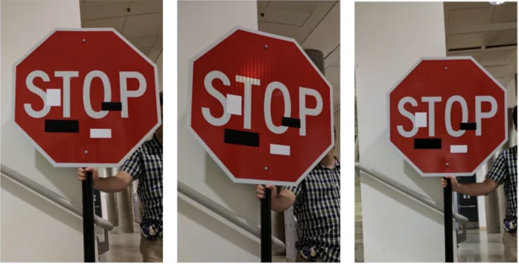 Three views of a red stop sign held by a person indoors with tape covering parts of the letters.