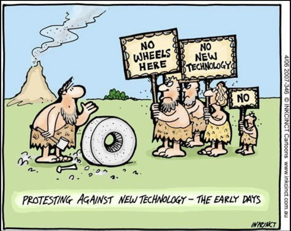 Cartoon of cavemen, one crafting a wheel while others protest with signs. Cartoon from World Economic Forum.
