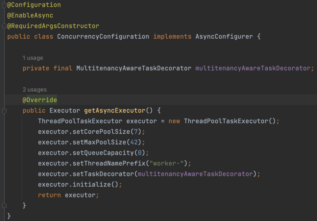 Illustration of the configuration for enabling asynchronous execution on our Spring Boot application