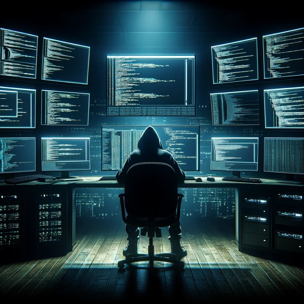 A hacker in a dark room trying to exploit vulnerabilities with attack vectors. The hacker is wearing a hoodie and has multiple screens open with code o it.