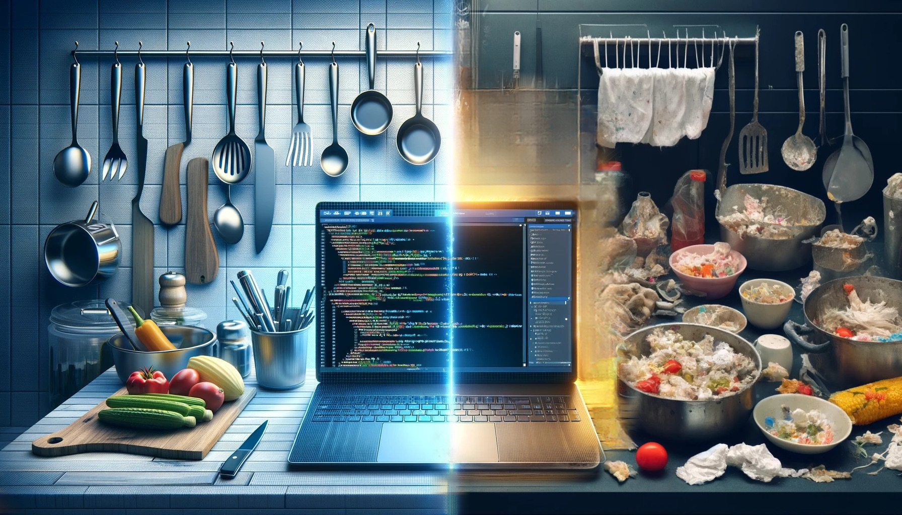 a split-screen image that visually connects the concept of cooking in a clean, organized kitchen with the practice of developing high-quality software. This visual metaphor highlights the importance of organization, clarity, and precision in both cooking and software development.