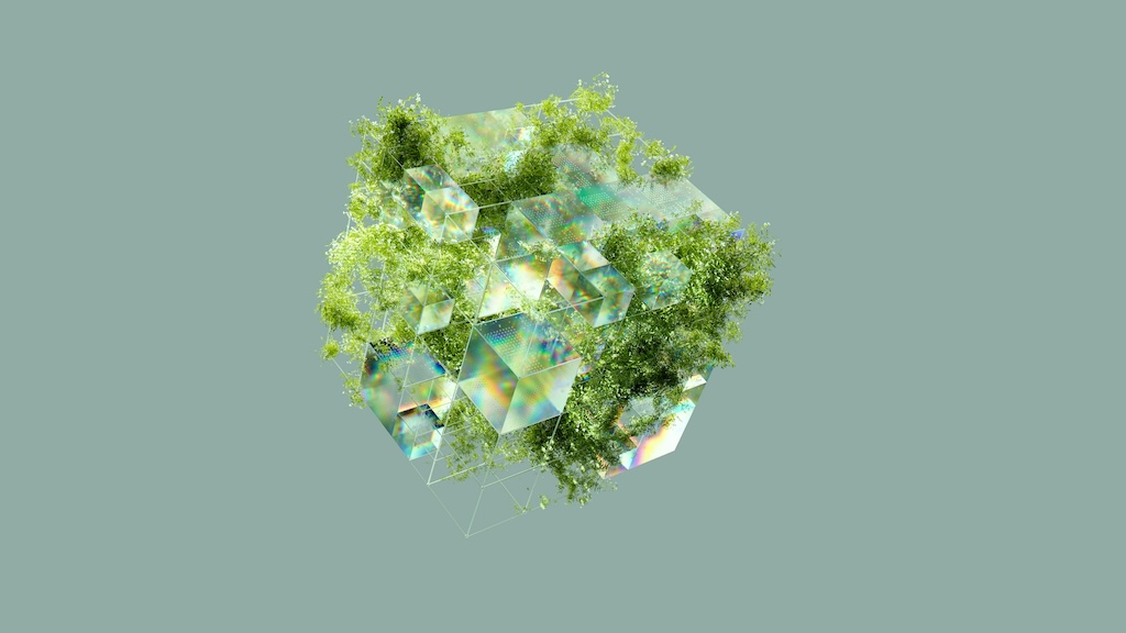 Abstract three-dimensional cluster of green crystals set against a muted teal background representing the concept of Green IT