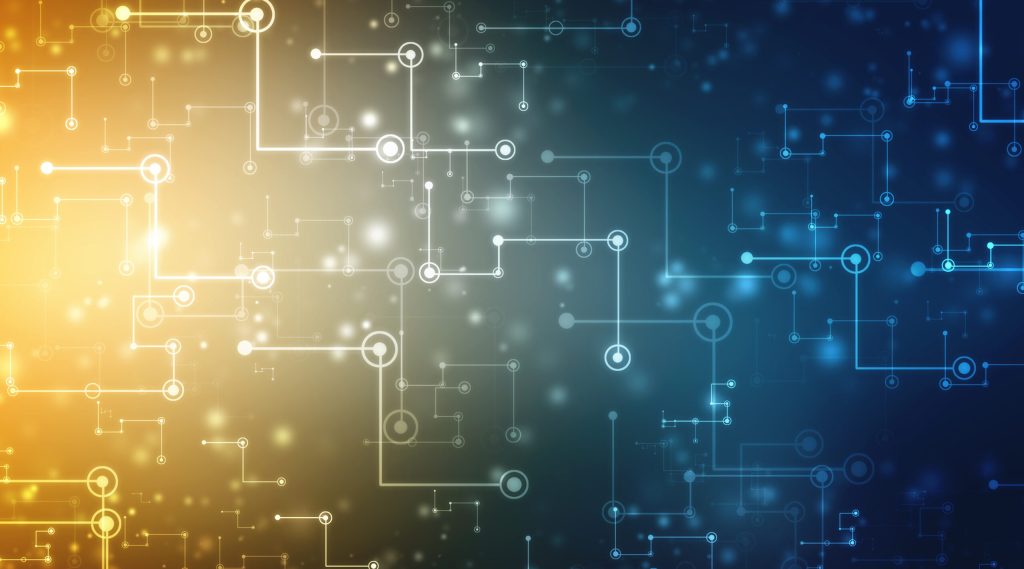 Abstract digital circuit pattern with a gradient from yellow to blue.