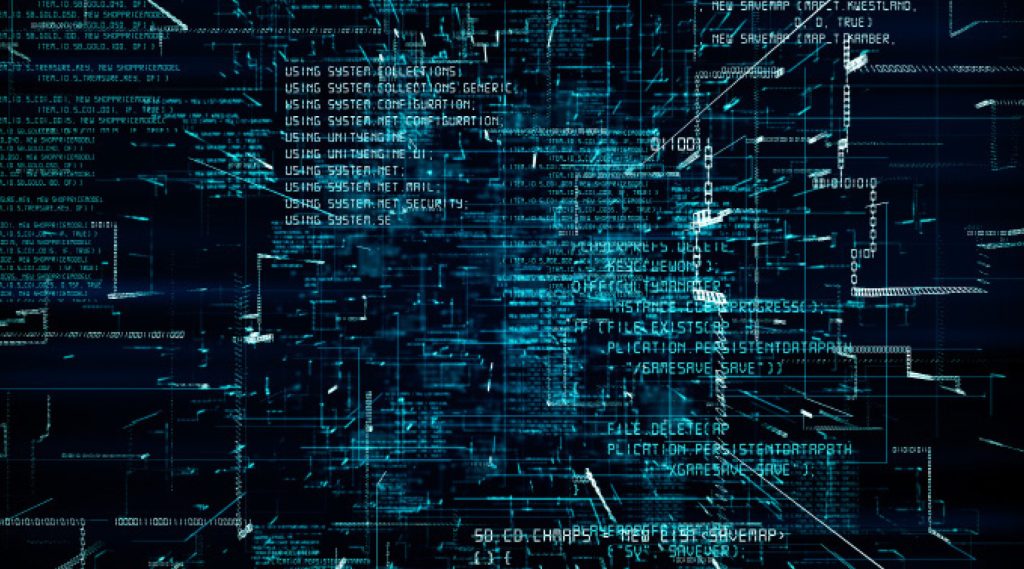A digital scene with layered computer code in cyan on a dark background, creating a technological and futuristic ambiance.